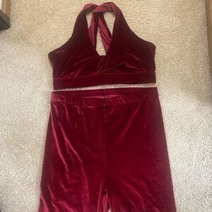 Fabletics Velvet Halter Bra and Biker Short Set - Deep Wine Red